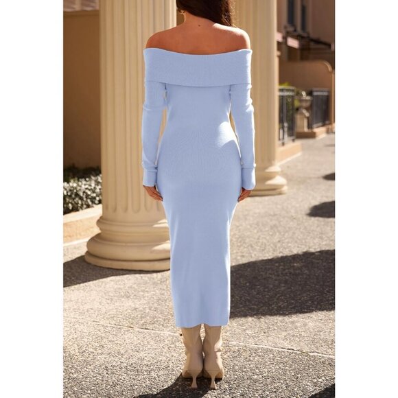 Women's Off Shoulder Bodycon Sweater Dress Long Sleeve Party Midi Dress Blue - Picture 4 of 9
